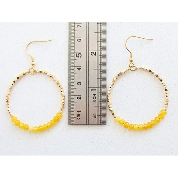 Yellow Onyx Sparkly Gold Beaded Earring Gemstone Dangle Hoops Yellow onyx - Picture 3 of 8